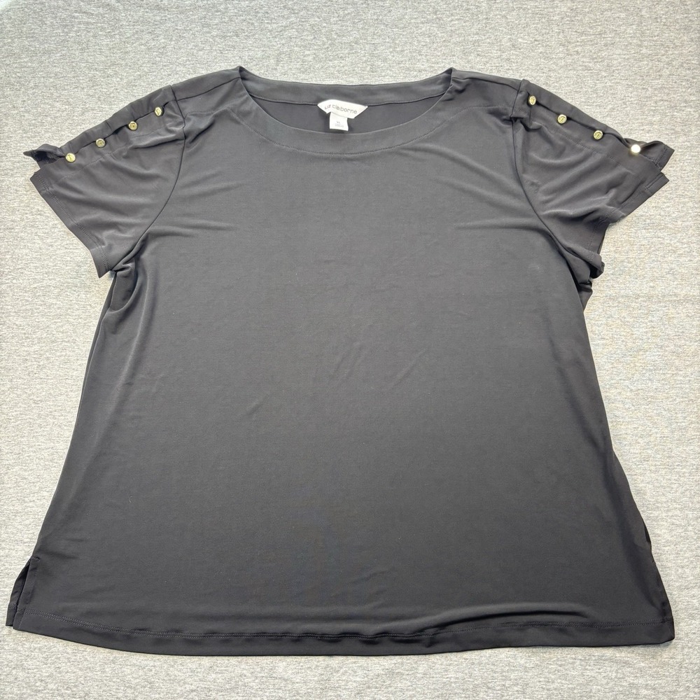 Liz Claiborne Women's XL Shirt Blouse Black  Short Sleeve Gold Button Accents